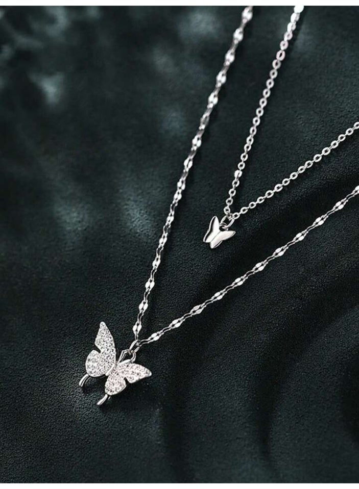 925 Sterling Silver Charms Luxurious 925 Sterling Silver Chain With A Delicate Luxurious Double Pendant Crafted With High Quality And Extreme Precision In The Shape Of A Butterfly Studded With Small Zircon Crystals Topped With A Small Silver Butterfly Pendant To Give A Gorgeous Look To The Princess She Deserves - Image 2
