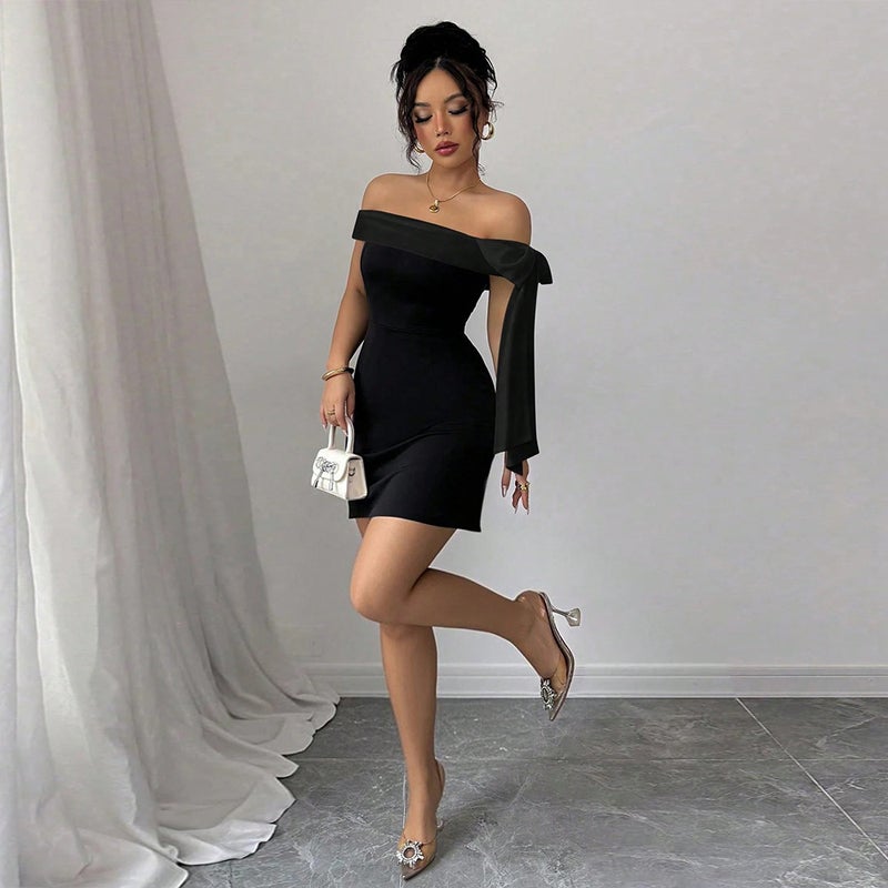 Elegant Off-Shoulder Black Bodycon Dress with Ruched Sash - Image 4