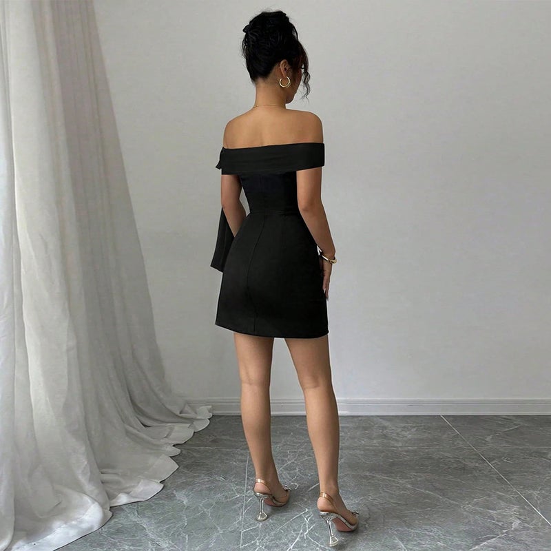 Elegant Off-Shoulder Black Bodycon Dress with Ruched Sash - Image 2