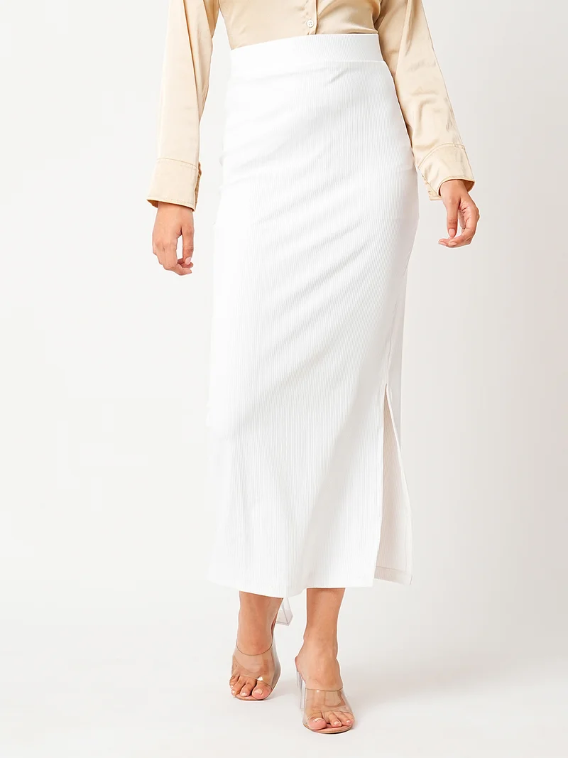 Women White Self Design Stretchable Pencil Maxi Skirt