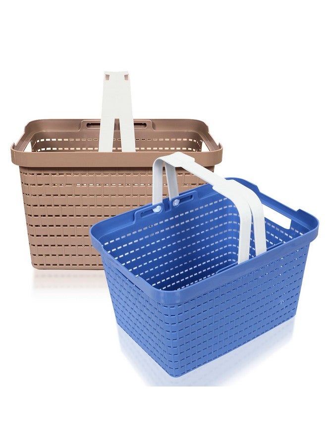 Kuber Industries Basket | Plastic Fruits Storage Basket | Picnic Storage Basket | Kitchen Storage Basket | Stationery Storage Basket | FLORA-222 | Pack of 2 | Blue & Coffee - Image 1