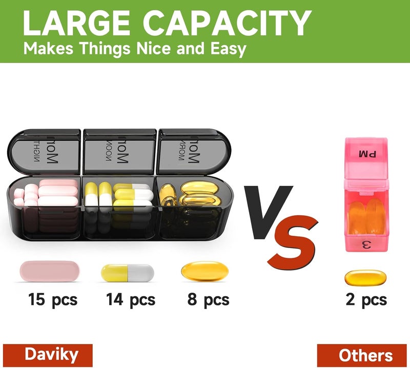 Daviky Pill Organizer 3X a Day, Weekly Pill Box 7 Day, Travel Pill Case with Large Containers, Light-Proof Pill Case for Vitamins, Medication, Supplements and Fish Oils (Black) - Image 2