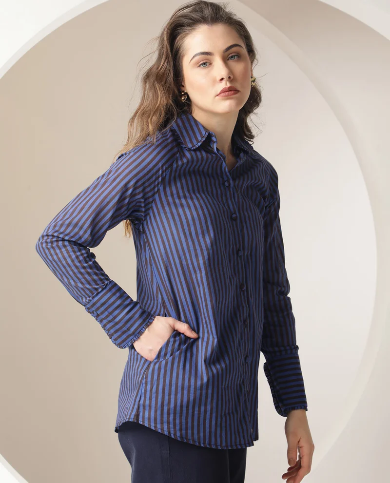 Rareism Women's Striped Elegance Ruffle Shirt