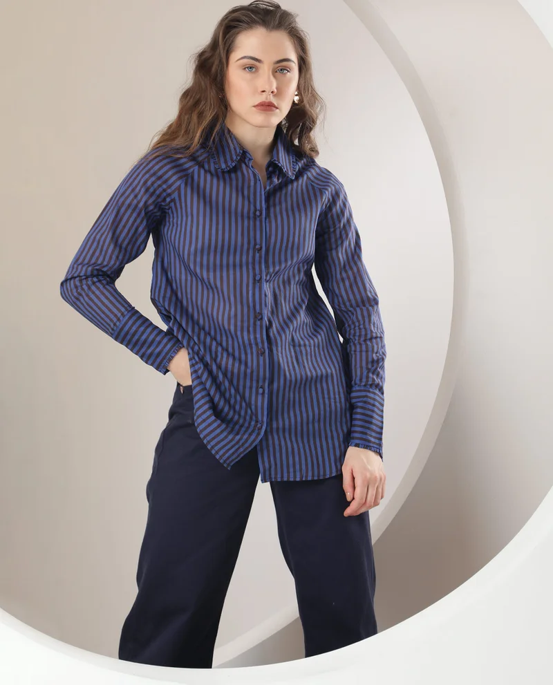 Rareism Women's Striped Elegance Ruffle Shirt