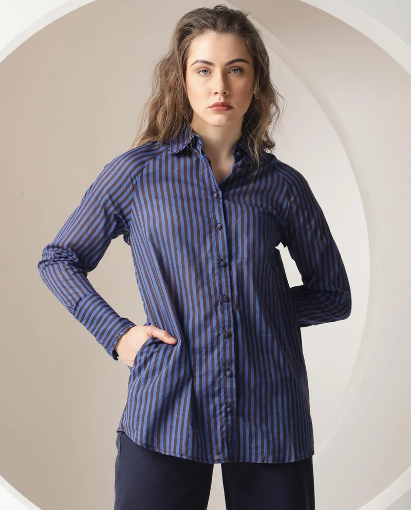 Rareism Women's Striped Elegance Ruffle Shirt
