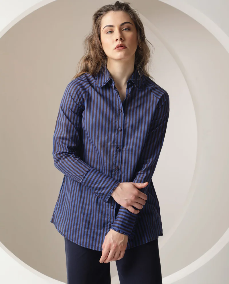 Rareism Women's Striped Elegance Ruffle Shirt