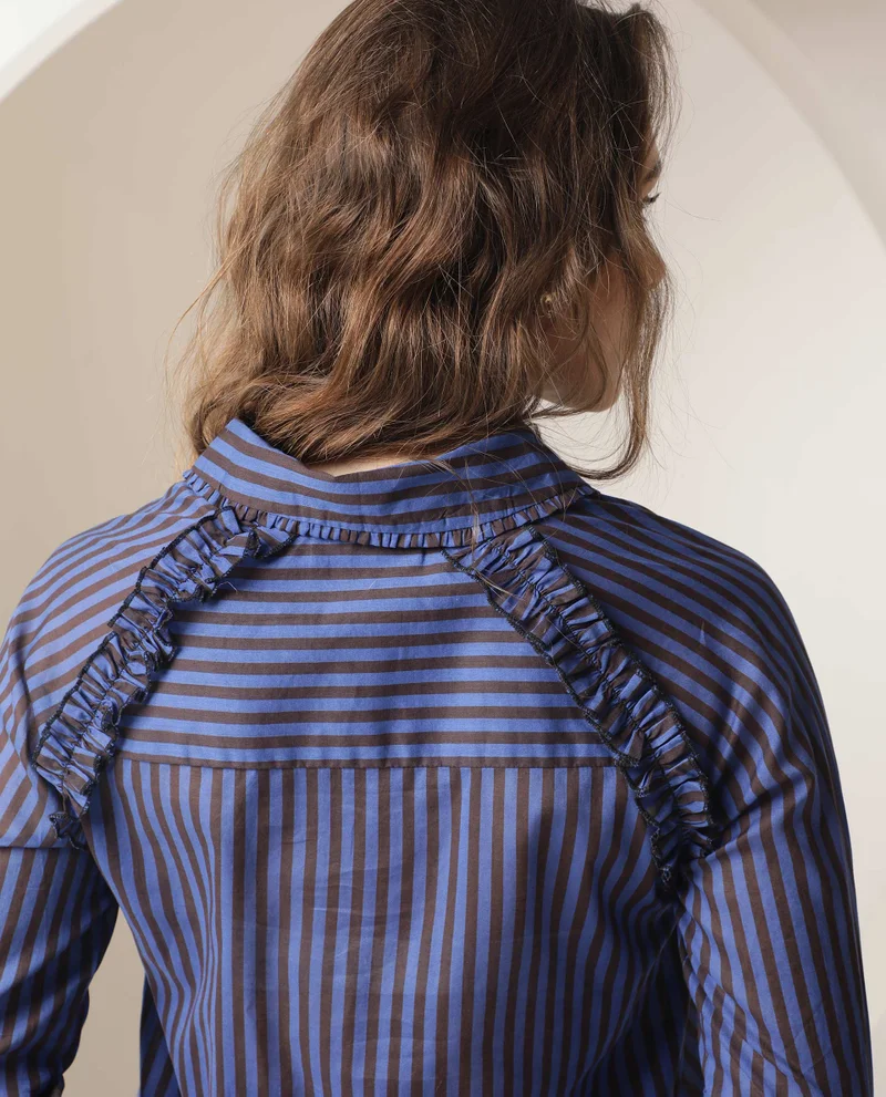 Rareism Women's Striped Elegance Ruffle Shirt