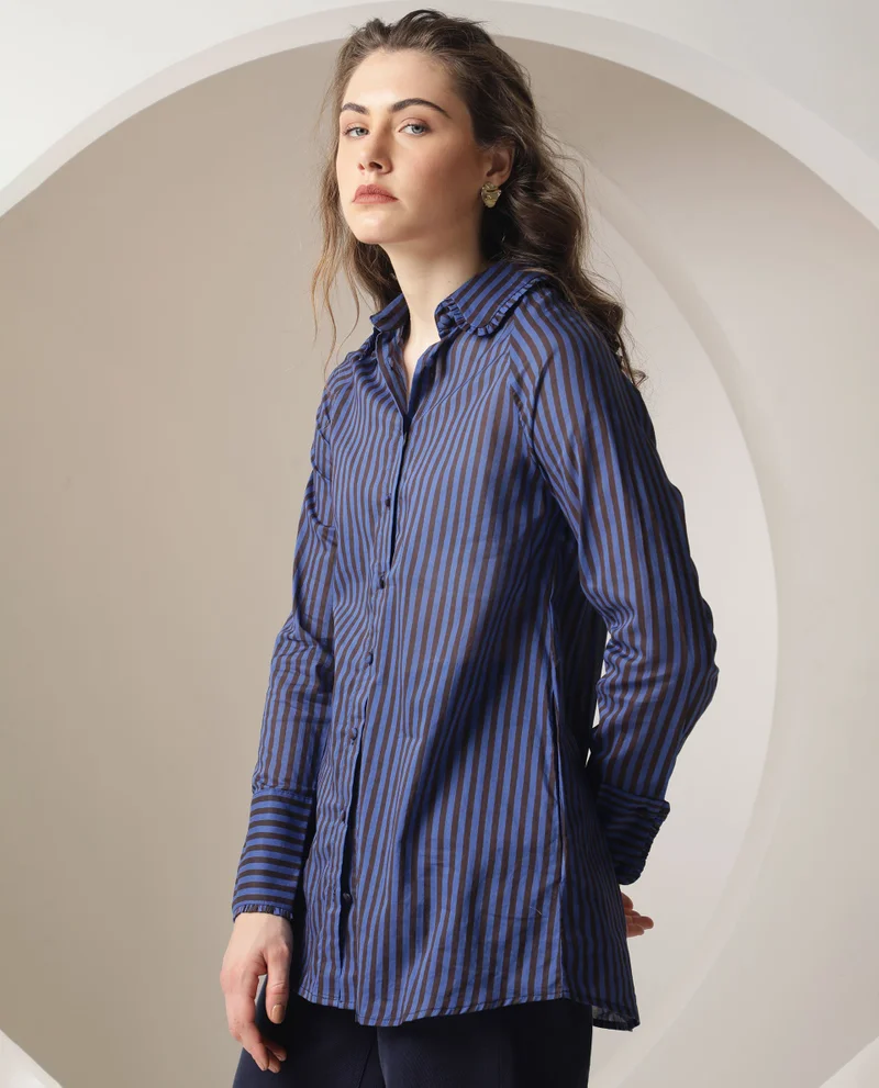 Rareism Women's Striped Elegance Ruffle Shirt