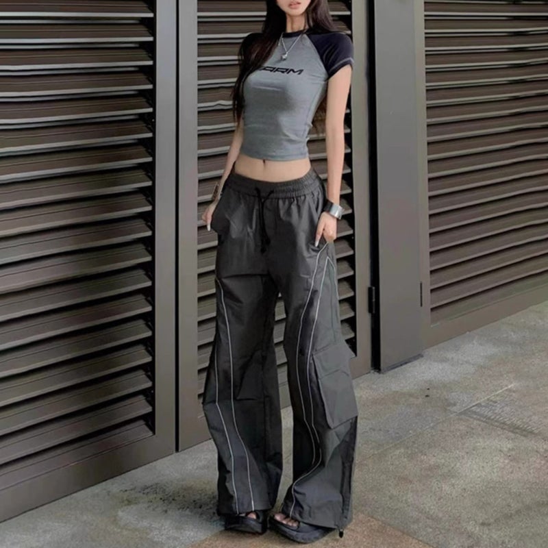 American Style Retro Decorative Line Casual Pants Mens Loose Dosing Straight Tube Micro Horn Line Contrast Color Trendy Sports Pants Gray 