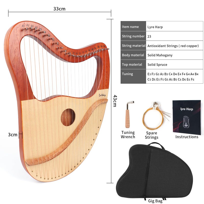 LOTKEY Lyre Harp, Lotkey 23 Metal Strings Harp Mahogany Body and Solid Spruce Board Lyre Harp with Tuning Wrench, Extract Strings, Manual and Gig Bag - Image 5