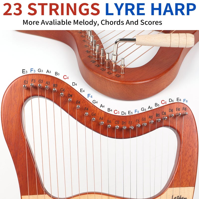 LOTKEY Lyre Harp, Lotkey 23 Metal Strings Harp Mahogany Body and Solid Spruce Board Lyre Harp with Tuning Wrench, Extract Strings, Manual and Gig Bag - Image 4