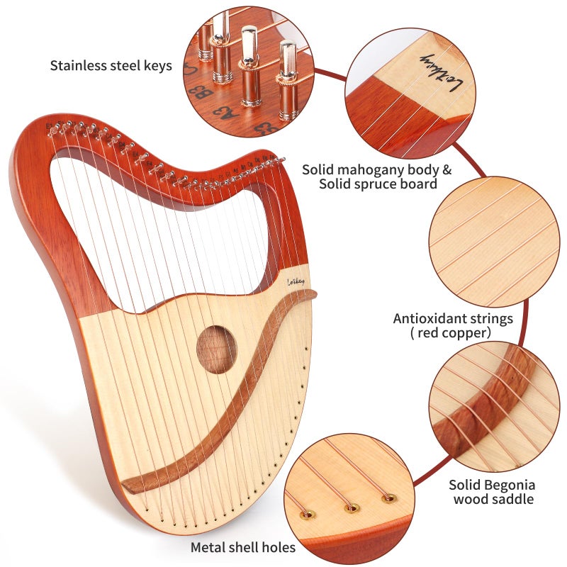 LOTKEY Lyre Harp, Lotkey 23 Metal Strings Harp Mahogany Body and Solid Spruce Board Lyre Harp with Tuning Wrench, Extract Strings, Manual and Gig Bag - Image 2