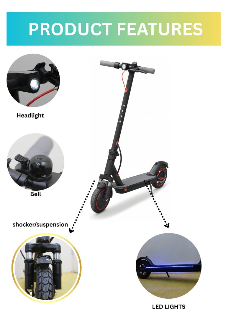 Leaders Smart Foldable Electric Scooter App Control Front Suspension LED Lighted Stand Disc Brake 350W 36V 6.6Ah Battery 30Kmph Speed 8.5 Inch Tire 140Kg Load Capacity - Image 3