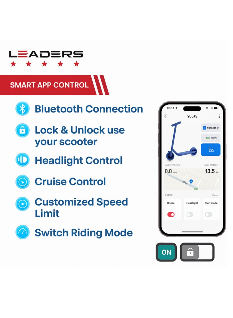 Leaders Smart Foldable Electric Scooter App Control Front Suspension LED Lighted Stand Disc Brake 350W 36V 6.6Ah Battery 30Kmph Speed 8.5 Inch Tire 140Kg Load Capacity - Image 2