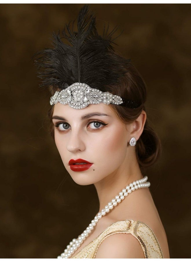 SWEETV 1920S Headpiece Flapper Headband Rhinestone Feather Great Gatsby Headpiece Hair Accessories For Women (Black)  - Image 4