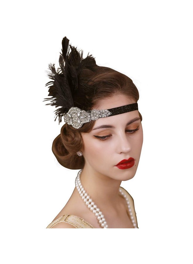SWEETV 1920S Headpiece Flapper Headband Rhinestone Feather Great Gatsby Headpiece Hair Accessories For Women (Black)  - Image 2