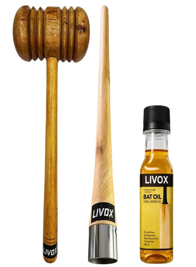 LIVOX Cricket Bat Tools Kit | Bat Knocking Hammer (Mallet) + Bat Grip Cone + Pure Linseed Bat Oil 100ml - Image 1