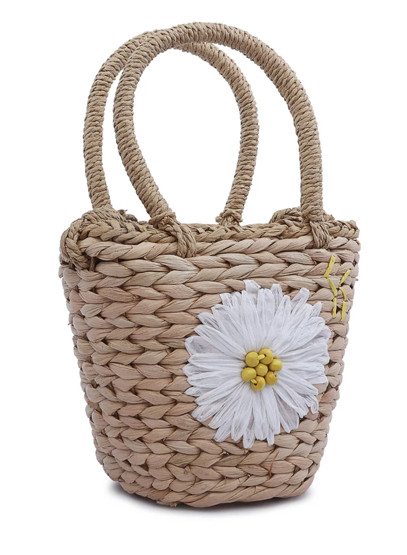 London Rag Dark Beige Floral Woven Basket Bucket Bag