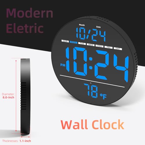 XUANZIT Digital Wall Clock with Large LED Display, Date, Temperature, Auto-Brightness | Small [PLUG-IN] Clock | Modern Electric Wall Clock for Bedroom, Classroom, Living Room, Home, Office, Farmhouse - Blue - Image 2