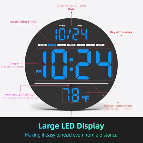 XUANZIT Digital Wall Clock with Large LED Display, Date, Temperature, Auto-Brightness | Small [PLUG-IN] Clock | Modern Electric Wall Clock for Bedroom, Classroom, Living Room, Home, Office, Farmhouse - Blue - Image 3
