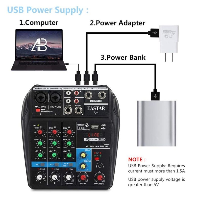 K-H 4‑Channel Professional Audio Mixer Console – Bluetooth & USB Sound Card, 48 V Phantom Power, MP3/USB/Phone Live-Out, FX/Reverb, Podcast/Karaoke/DJ/Streaming Ready - Image 5