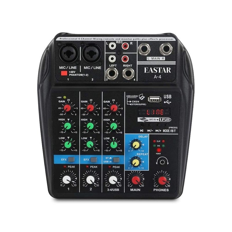 K-H 4‑Channel Professional Audio Mixer Console – Bluetooth & USB Sound Card, 48 V Phantom Power, MP3/USB/Phone Live-Out, FX/Reverb, Podcast/Karaoke/DJ/Streaming Ready - Image 1