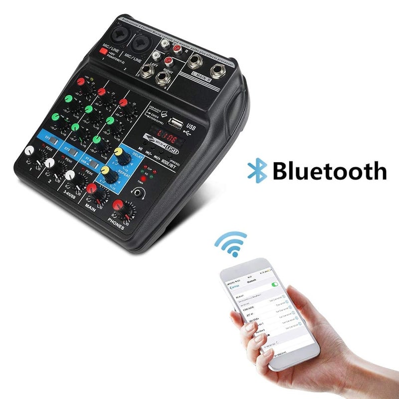 K-H 4‑Channel Professional Audio Mixer Console – Bluetooth & USB Sound Card, 48 V Phantom Power, MP3/USB/Phone Live-Out, FX/Reverb, Podcast/Karaoke/DJ/Streaming Ready - Image 3