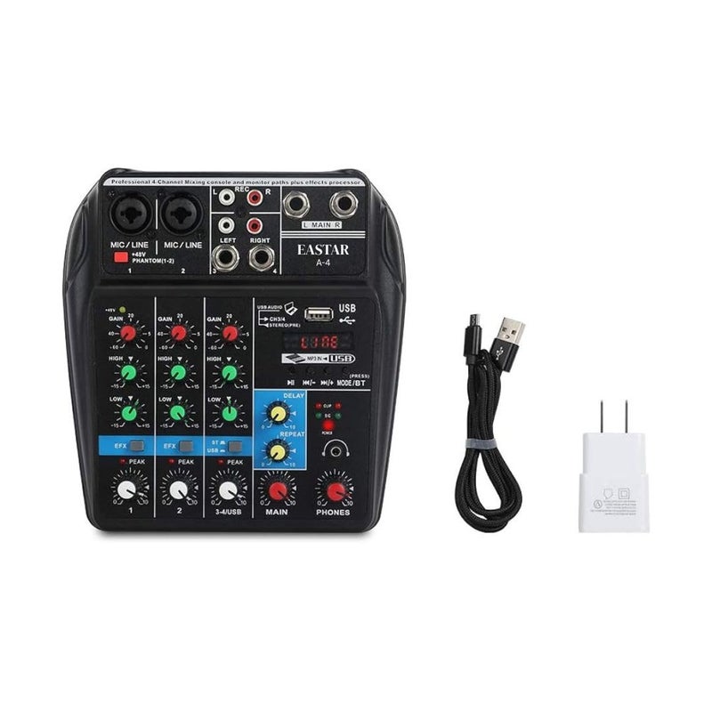 K-H 4‑Channel Professional Audio Mixer Console – Bluetooth & USB Sound Card, 48 V Phantom Power, MP3/USB/Phone Live-Out, FX/Reverb, Podcast/Karaoke/DJ/Streaming Ready - Image 2