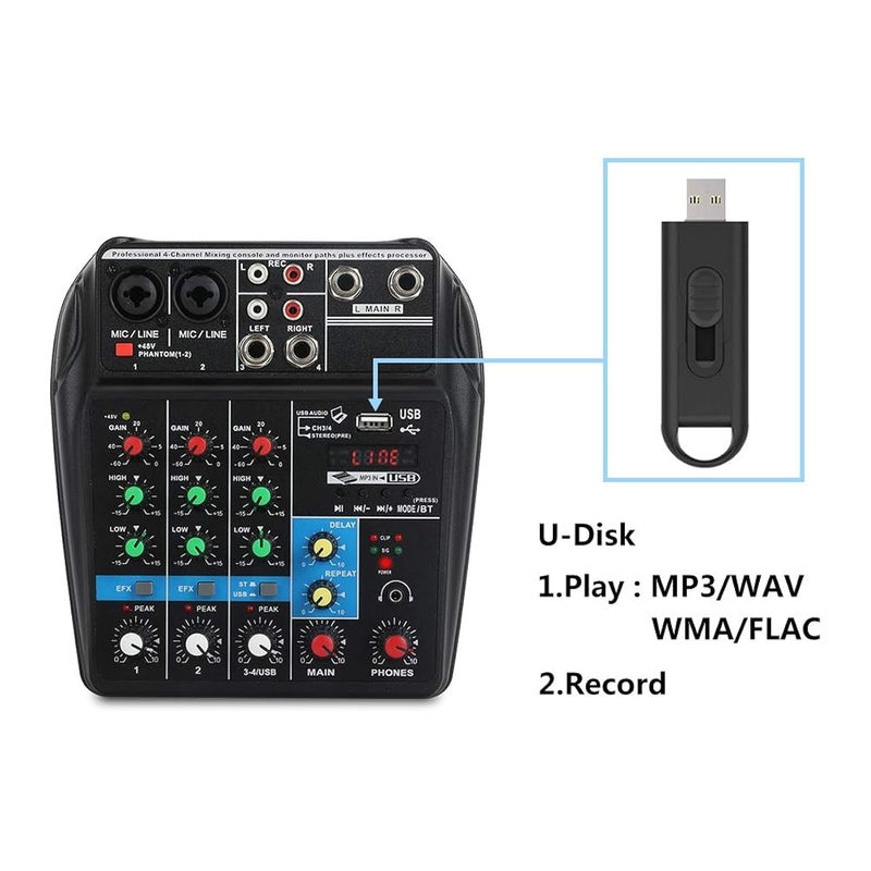 K-H 4‑Channel Professional Audio Mixer Console – Bluetooth & USB Sound Card, 48 V Phantom Power, MP3/USB/Phone Live-Out, FX/Reverb, Podcast/Karaoke/DJ/Streaming Ready - Image 4