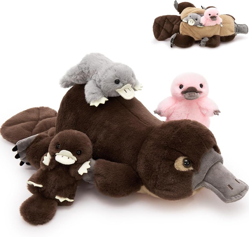 MorisMos Giant Plush Toy XXL 55 cm Brown Mom with 3 Kawaii Baby, Realistic Plush Toy Large Soft Toy Gift for Children Birthday Valentine's Day - Image 1