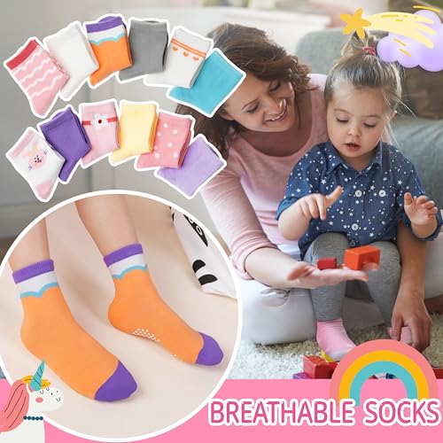 Welwoos Baby Girls Toddlers Grips Socks Kids Non Slip Anti Skid Funny Animal Cartoon Gift Cotton Socks with Grippers 12 Pairs Stocking Stuffers(Cartoon Colorful,5-8Y) - Image 3