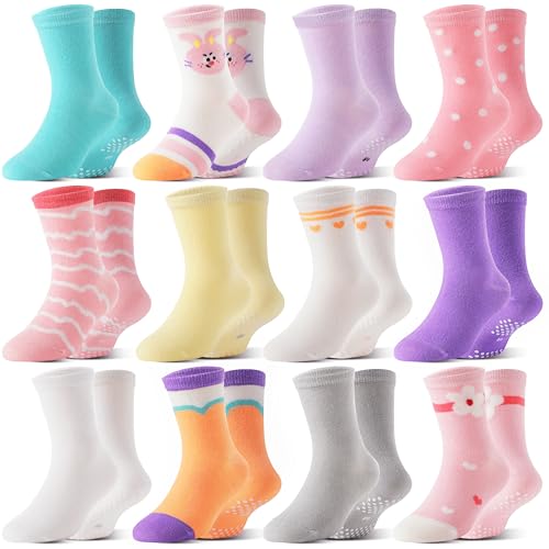Welwoos Baby Girls Toddlers Grips Socks Kids Non Slip Anti Skid Funny Animal Cartoon Gift Cotton Socks with Grippers 12 Pairs Stocking Stuffers(Cartoon Colorful,5-8Y) - Image 1