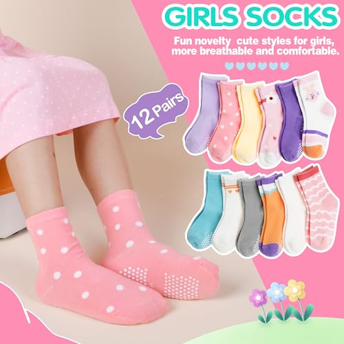 Welwoos Baby Girls Toddlers Grips Socks Kids Non Slip Anti Skid Funny Animal Cartoon Gift Cotton Socks with Grippers 12 Pairs Stocking Stuffers(Cartoon Colorful,5-8Y) - Image 2