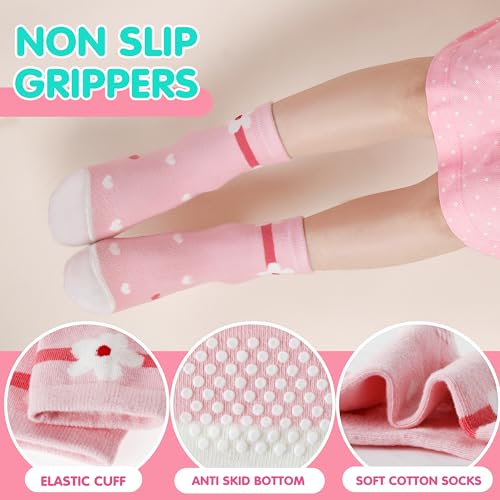 Welwoos Baby Girls Toddlers Grips Socks Kids Non Slip Anti Skid Funny Animal Cartoon Gift Cotton Socks with Grippers 12 Pairs Stocking Stuffers(Cartoon Colorful,5-8Y) - Image 4