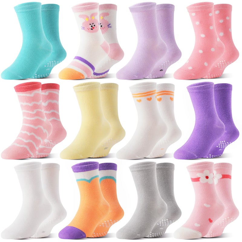 Welwoos Baby Girls Toddlers Grips Socks Kids Non Slip Anti Skid Funny Animal Cartoon Gift Cotton Socks with Grippers 12 Pairs Stocking Stuffers(Cartoon Colorful,5-8Y) - Image 5