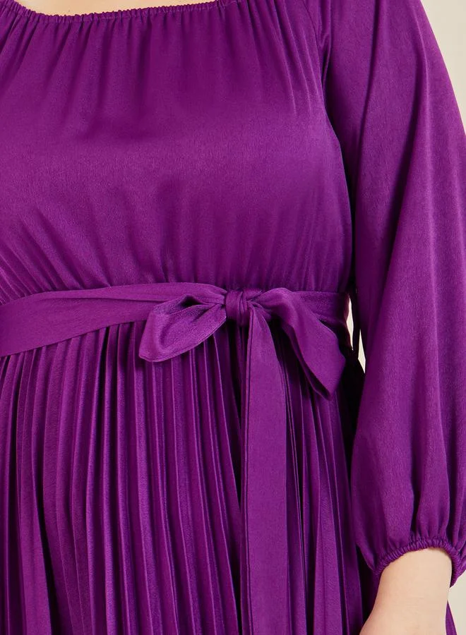 Styli Plus Satin Accordion Pleats Self Tie Up A-Line Maxi Dress