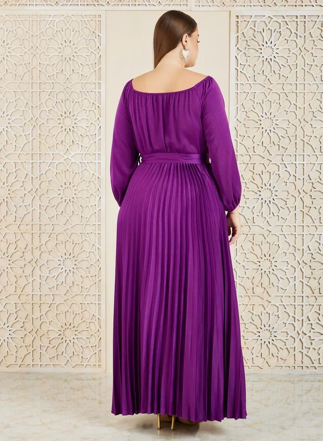 Styli Plus Satin Accordion Pleats Self Tie Up A-Line Maxi Dress