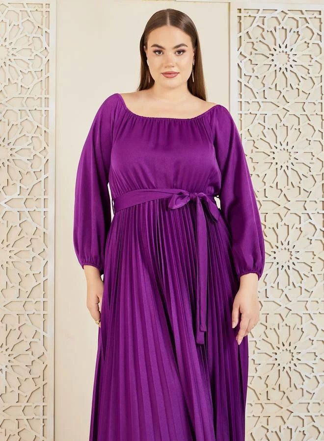 Styli Plus Satin Accordion Pleats Self Tie Up A-Line Maxi Dress