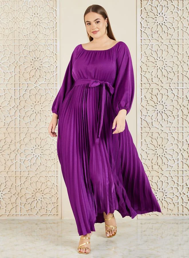 Styli Plus Satin Accordion Pleats Self Tie Up A-Line Maxi Dress