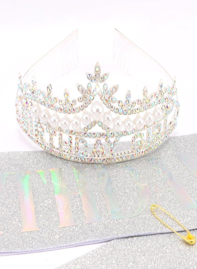 Exacoo Sliver Birthday Girl Crown and Sash, Pearl Birthday Tiara,Sliver Birthdays Decorations Set, Princess Crown Tiara for Women and Girls - Image 2