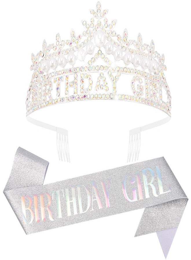 Exacoo Sliver Birthday Girl Crown and Sash, Pearl Birthday Tiara,Sliver Birthdays Decorations Set, Princess Crown Tiara for Women and Girls - Image 1