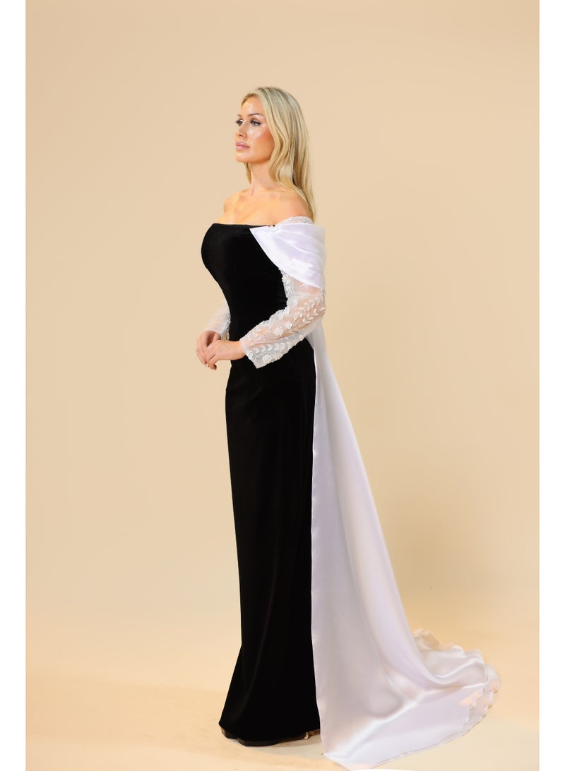 Off-Shoulder Evening Gown with Embroidered Sleeves and Draped Train – Elegant Formal Dress  - Image 2