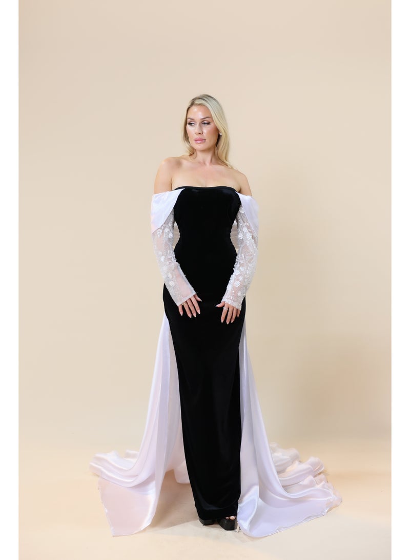 Off-Shoulder Evening Gown with Embroidered Sleeves and Draped Train – Elegant Formal Dress  - Image 1