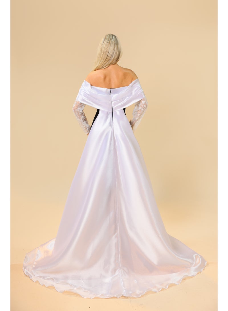 Off-Shoulder Evening Gown with Embroidered Sleeves and Draped Train – Elegant Formal Dress  - Image 4