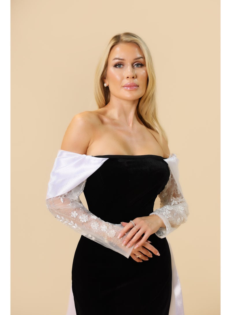 Off-Shoulder Evening Gown with Embroidered Sleeves and Draped Train – Elegant Formal Dress  - Image 3