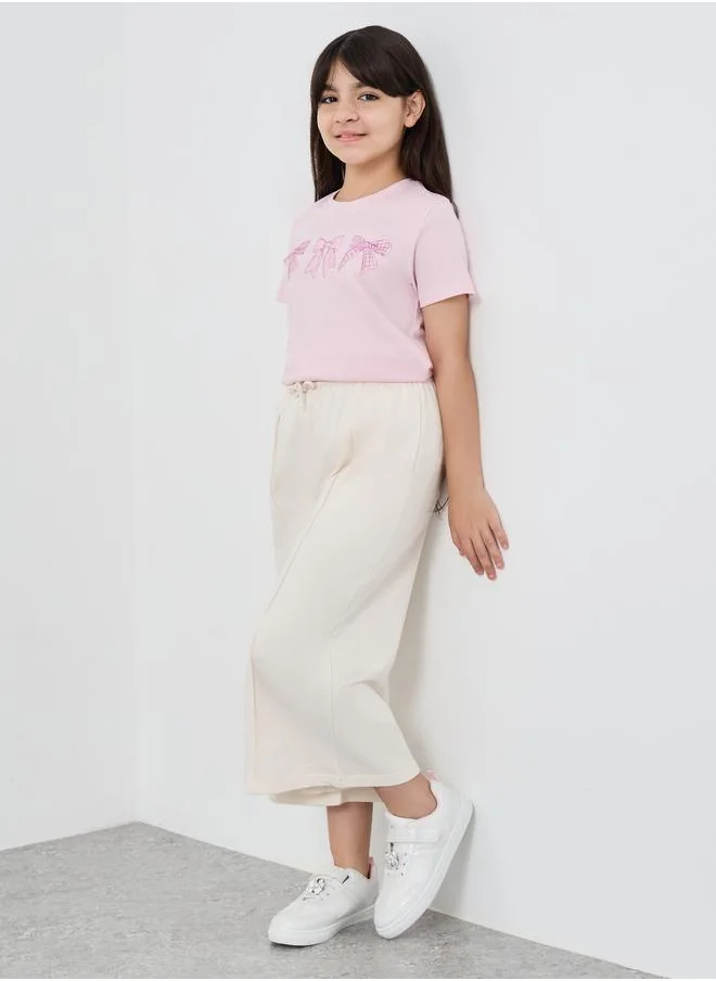 Styli Styli Girls Beige Solid Pintuck Wide Leg Culottes