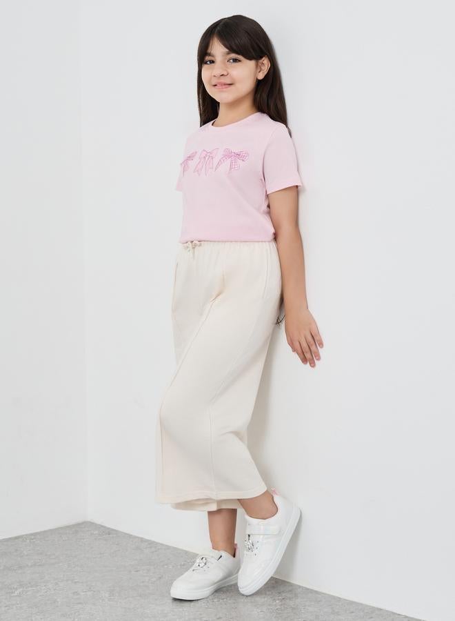 Styli Styli Girls Beige Solid Pintuck Wide Leg Culottes  - Image 1