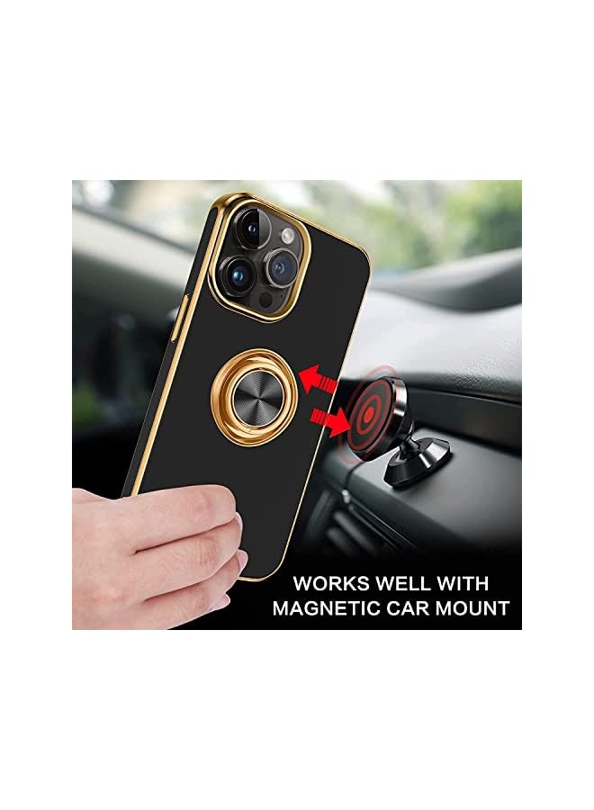 PROMASS Case for iPhone 14 Pro Soft Silicon Shockproof Luxury Gold Lining Case Rotatable Magnetic Ring Grip Holder Car Mount Kickstand Cover Compatible for iPhone 14 Pro (Black) - Image 5