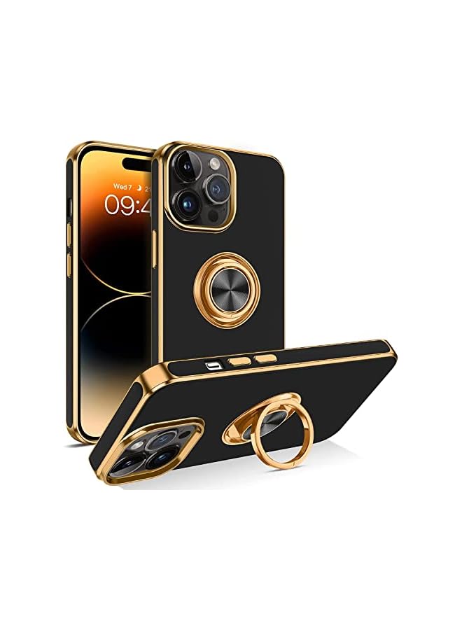 PROMASS Case for iPhone 14 Pro Soft Silicon Shockproof Luxury Gold Lining Case Rotatable Magnetic Ring Grip Holder Car Mount Kickstand Cover Compatible for iPhone 14 Pro (Black) - Image 2