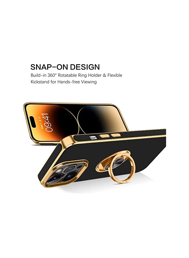 PROMASS Case for iPhone 14 Pro Soft Silicon Shockproof Luxury Gold Lining Case Rotatable Magnetic Ring Grip Holder Car Mount Kickstand Cover Compatible for iPhone 14 Pro (Black) - Image 4